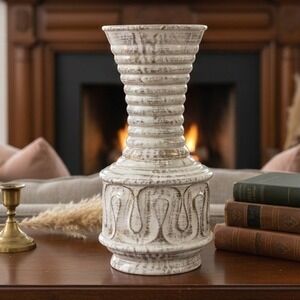 1950s Savoy China Ribbed Vase 24K Gold Trim White Distressed Home Decor